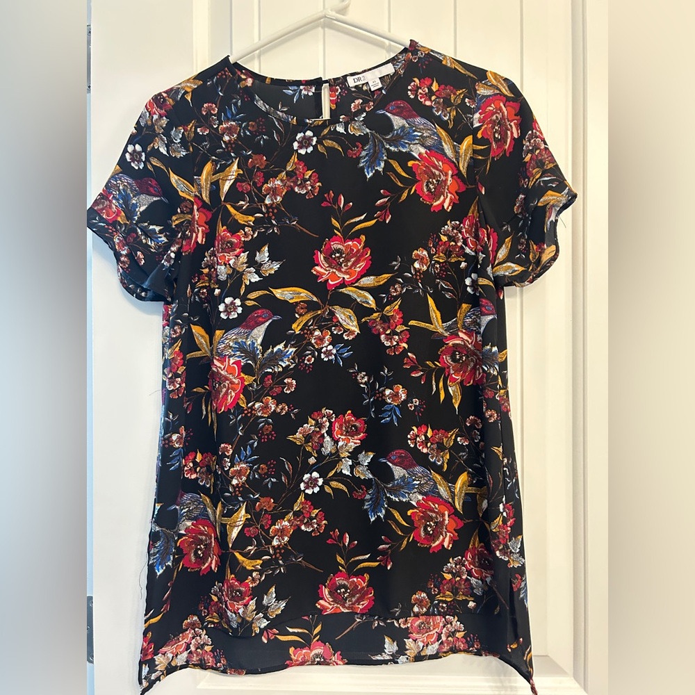 DR2 Floral Black Blouse with Red and Yellow Accents